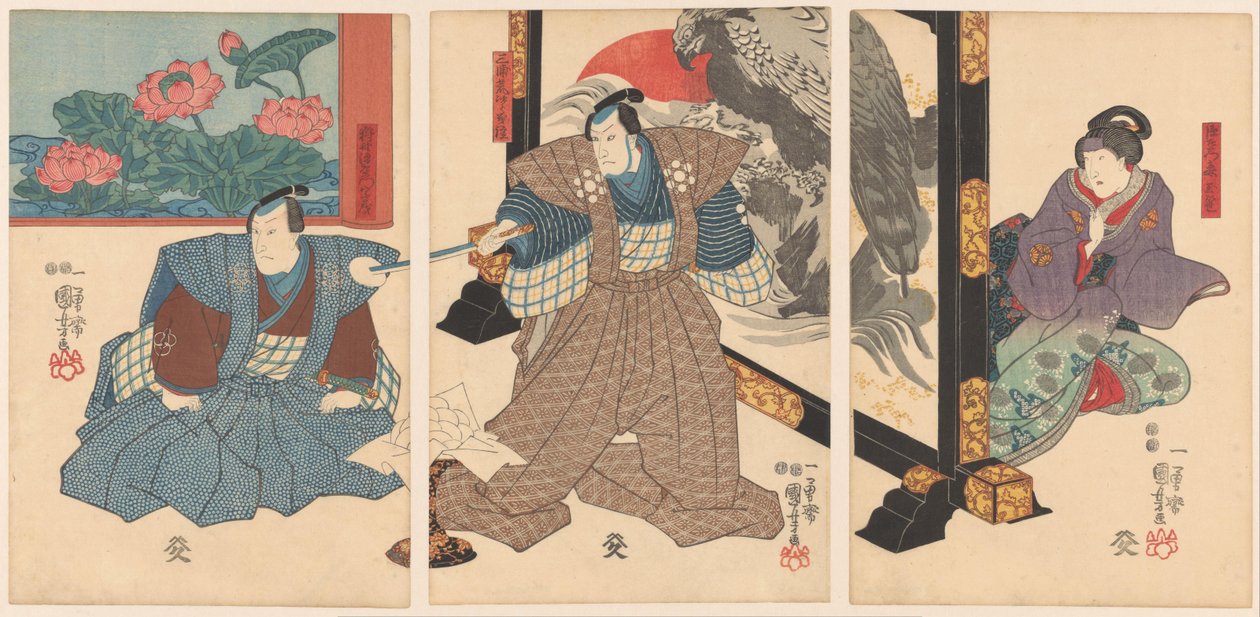 Tres actores en un biombo de Utagawa Kuniyoshi