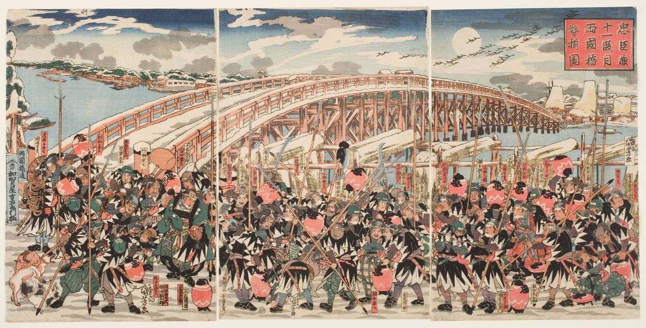 Undécimo Acto de la "Chushingura": Los leales retenedores se reúnen en el puente de Ryogoku de Utagawa Kuniyoshi