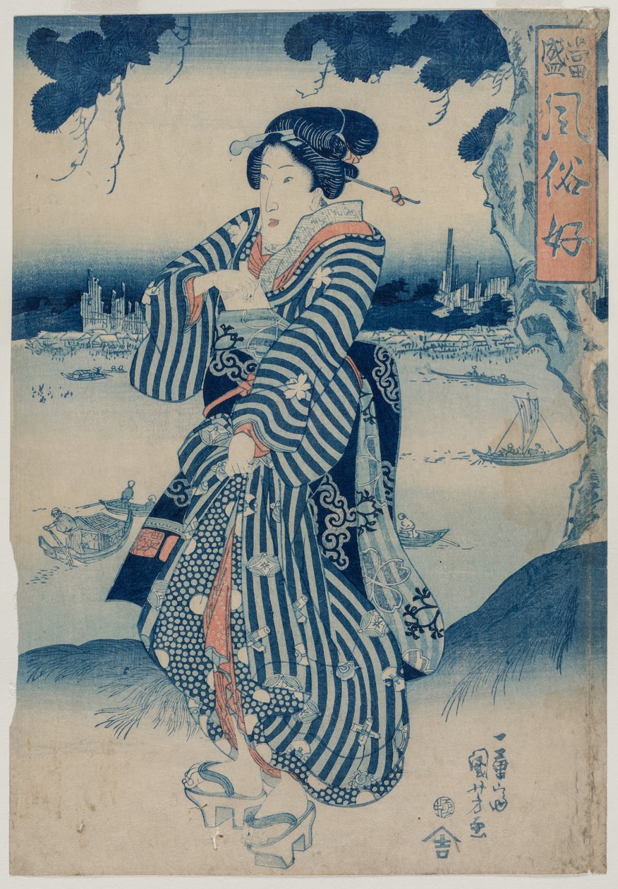 Geisha de pie en la orilla del río Sumida..., principios de 1830 de Utagawa Kuniyoshi