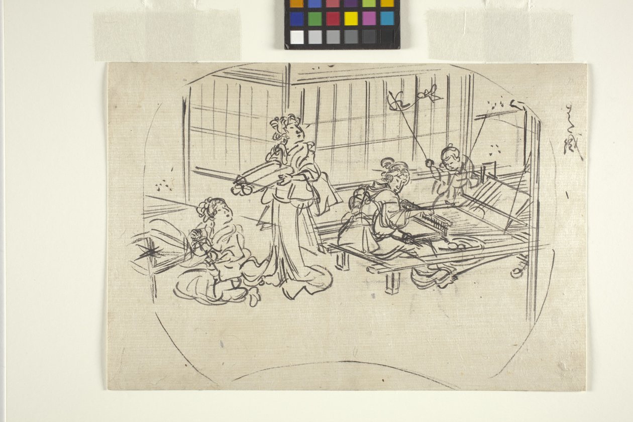 Hataori (Tejiendo en telar) (tinta sobre papel) de Utagawa Kuniyoshi