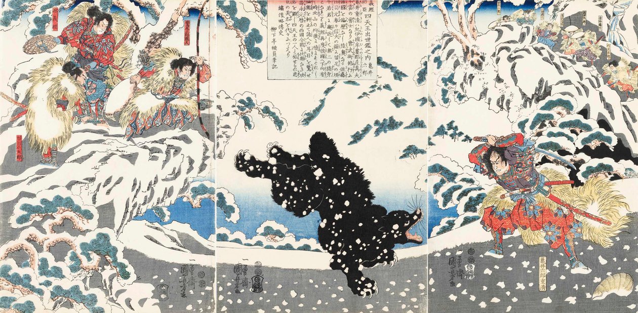 Kamei Rokuro Shigekiyo luchando contra un oso negro en la nieve, observado por Yoshitsune y sus retenedores de Utagawa Kuniyoshi