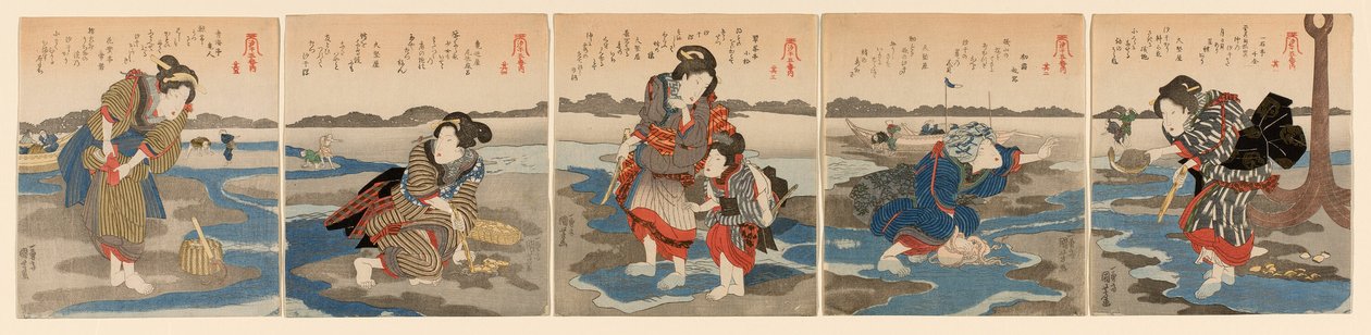 Marea baja en Susaki - Un conjunto de cinco de Utagawa Kuniyoshi