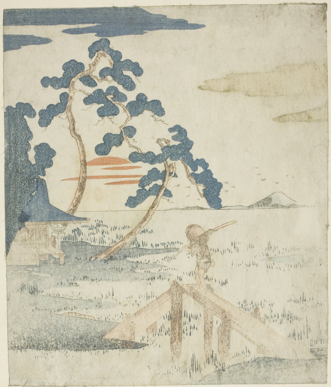 Hombre Cruzando un Puente al Amanecer, de una edición sin título (sin poesía) de las ilustraciones de la serie "Cinco Estampas del Monte Fuji (Fuji goban no uchi)" de Utagawa Kuniyoshi