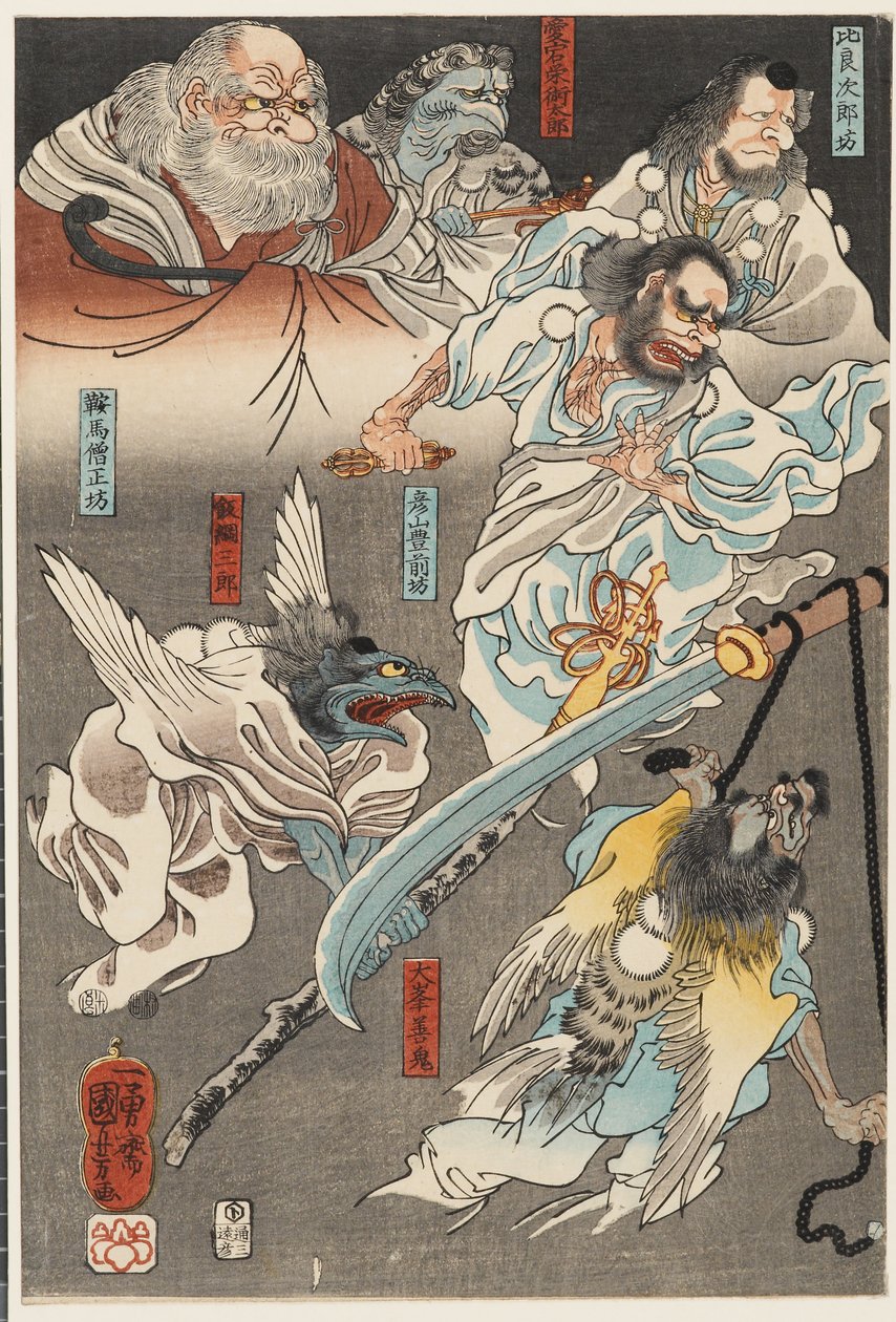 Minamoto Yoshitsune lucha contra Benkei en el puente de Gojō, con la ayuda de los demonios tengu de Utagawa Kuniyoshi
