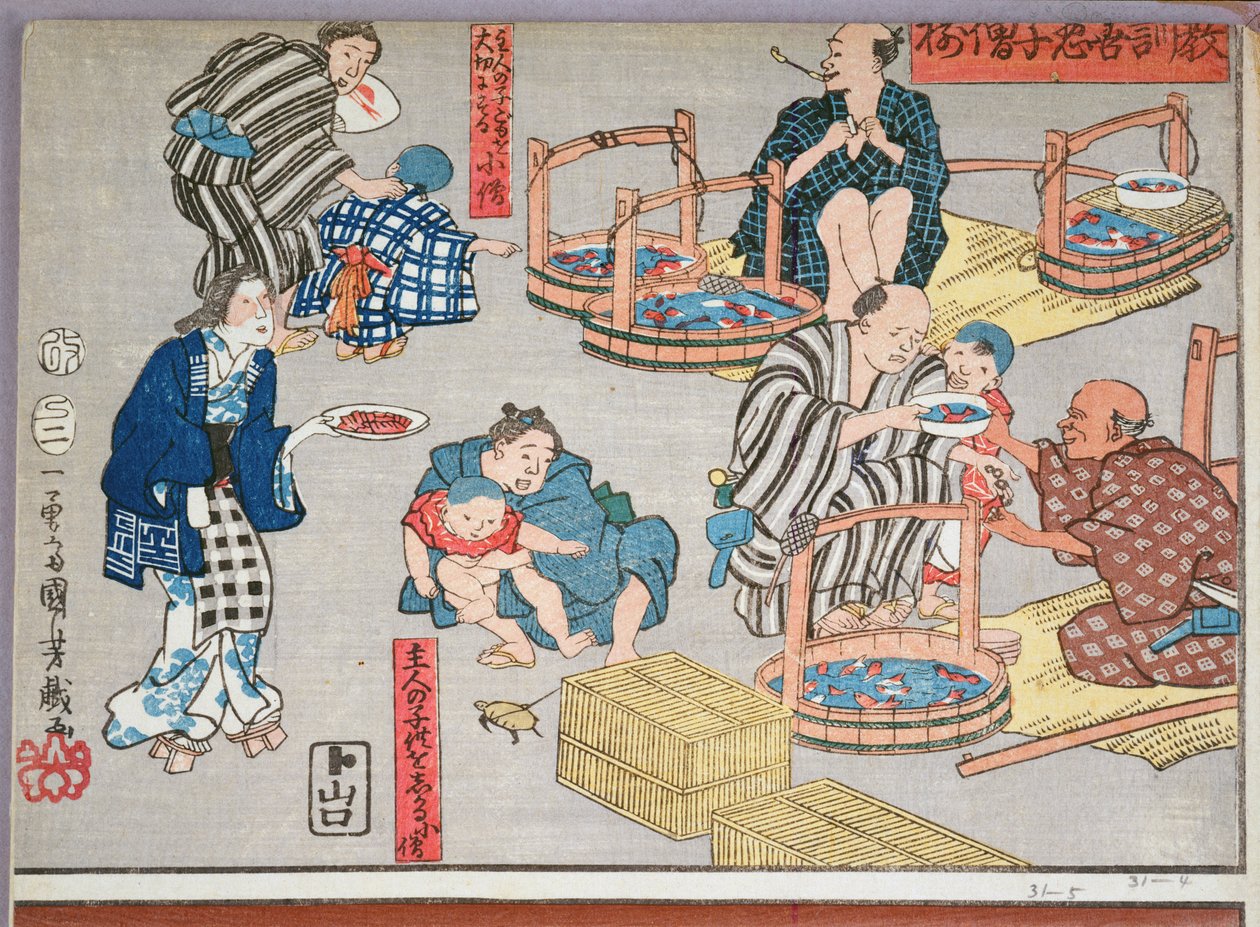 Enseñanza moral para dependientes, dando buenos y malos ejemplos de comportamiento, 1857 de Utagawa Kuniyoshi