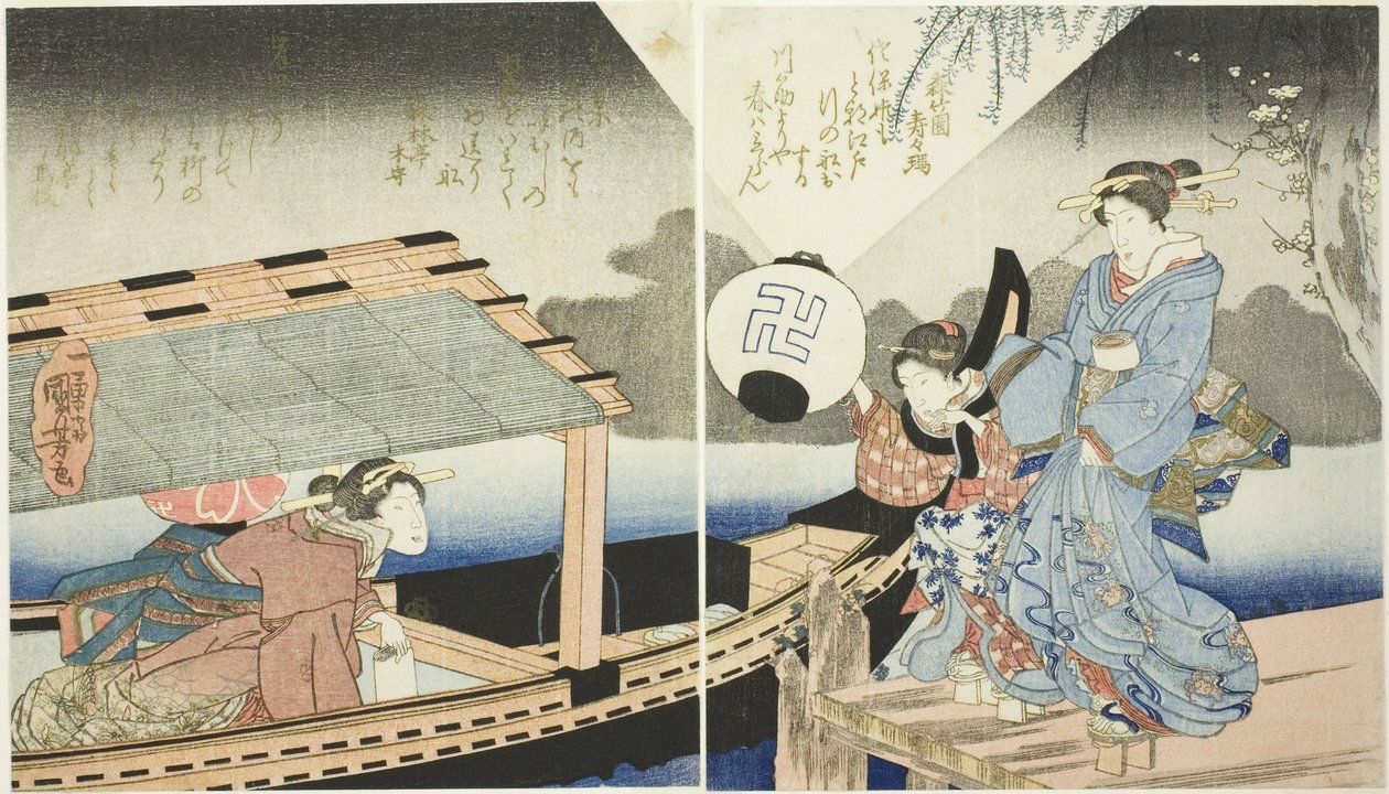 Escena nocturna a bordo de un barco de recreo de Utagawa Kuniyoshi