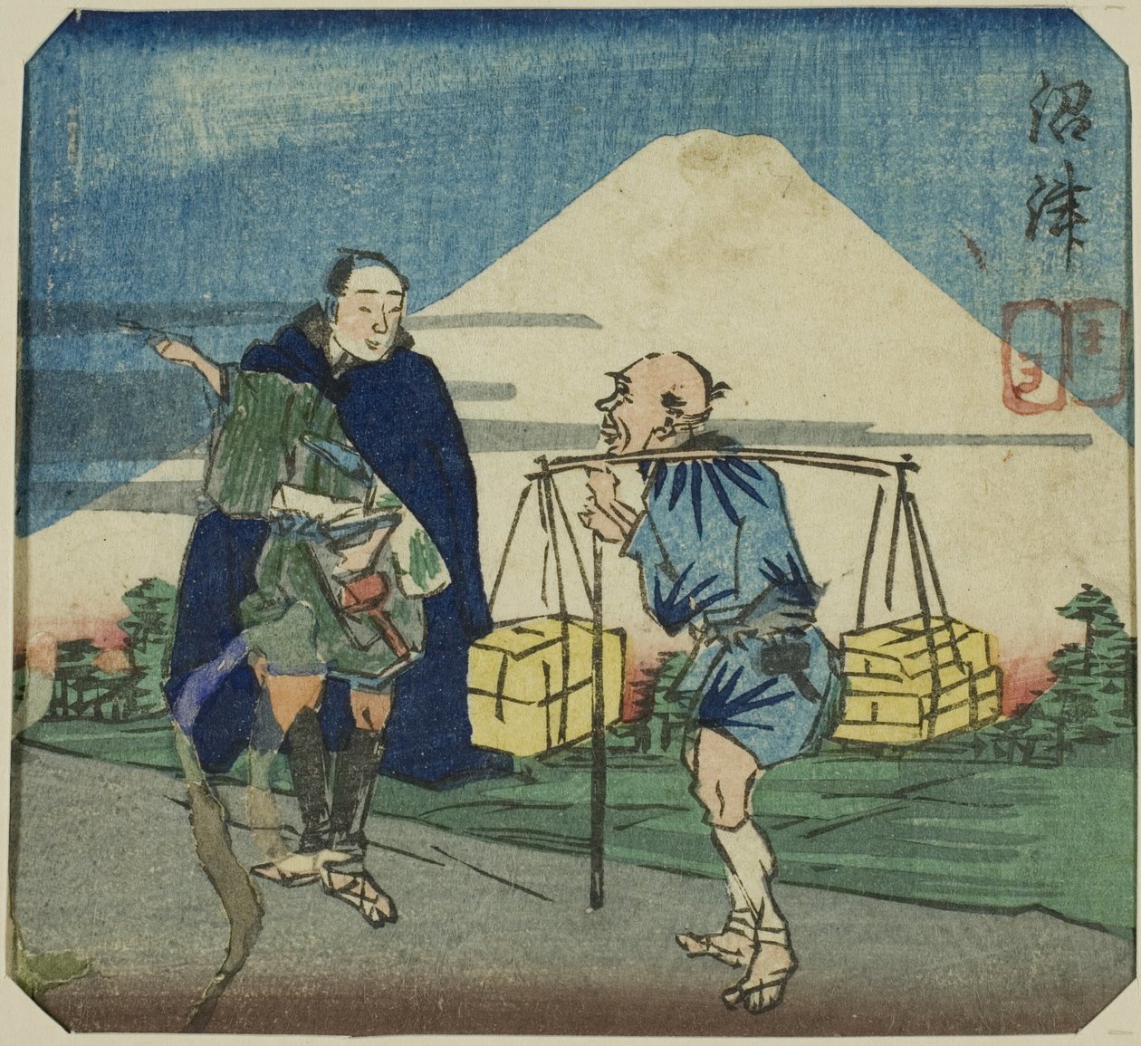 Numazu, sección de una hoja de la serie "Un Espejo Harimaze de Obras de Joruri (Harimaze joruri kagami)" de Utagawa Kuniyoshi