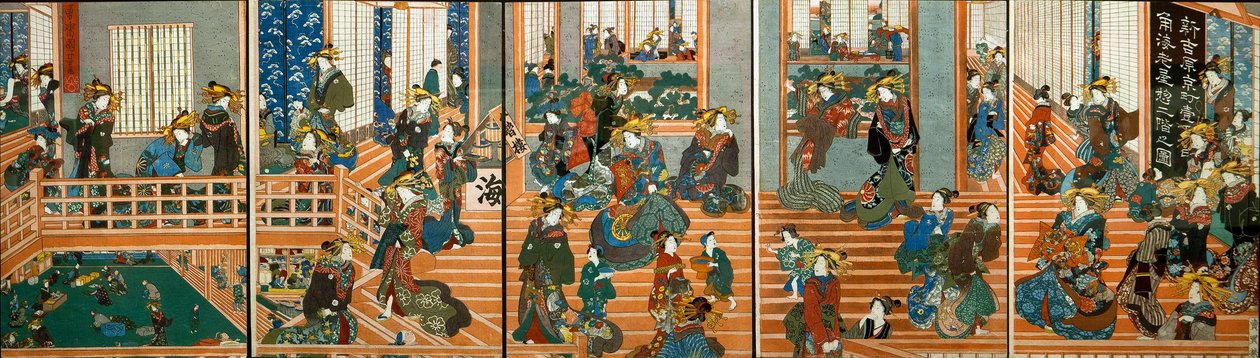 Vista aérea del piso superior de Kado-Ebiya de Utagawa Kuniyoshi