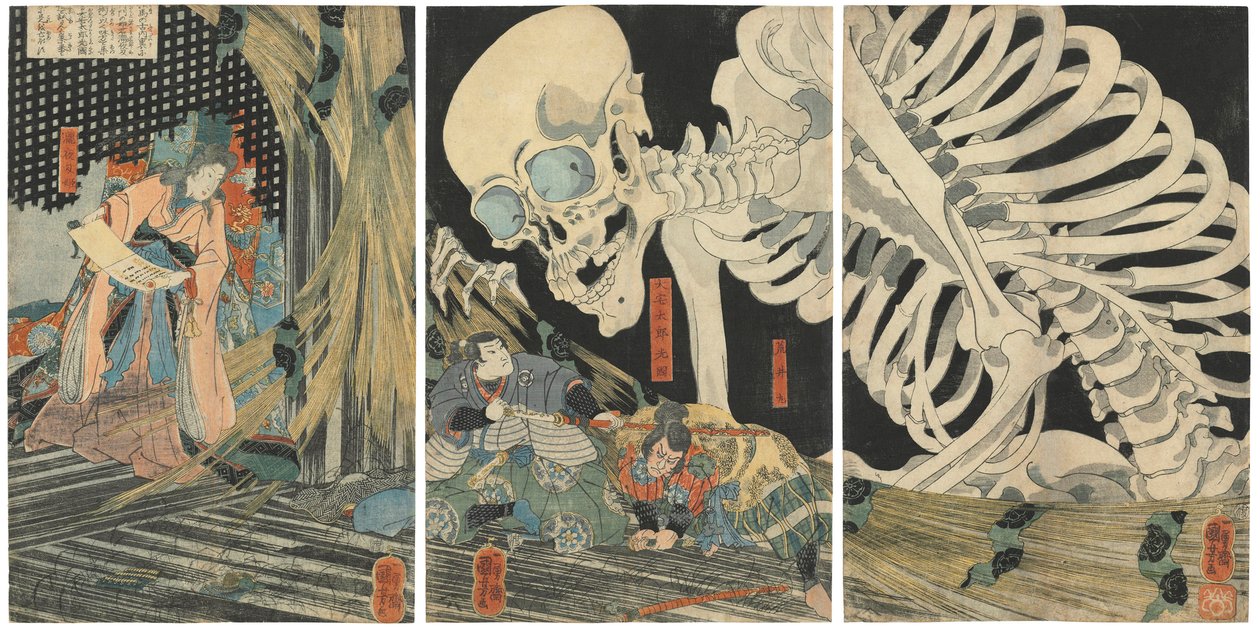 Oyataro Mitsukuni desafiando al espectro esquelético conjurado por la princesa Takiyasha, 1844-1845 de Utagawa Kuniyoshi