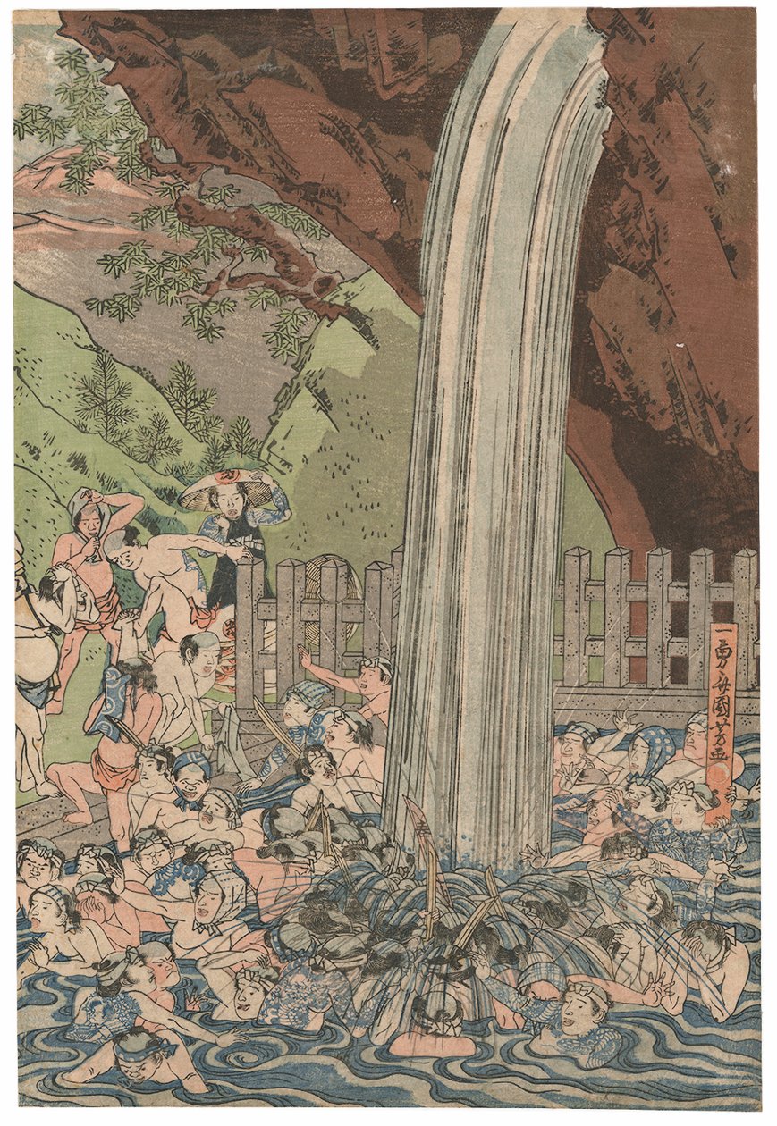 Peregrinos en la cascada Roben en Oyama, firmado Ichiyusai Kuniyoshi, publicado por Azumaya Daisuke, sello kiwame, tríptico Oban tate-e de Utagawa Kuniyoshi