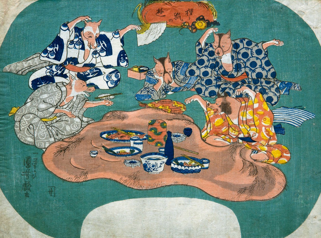 Perro mapache y zorro jugando (Tanuki to kitsune no asobi), c.1842 de Utagawa Kuniyoshi