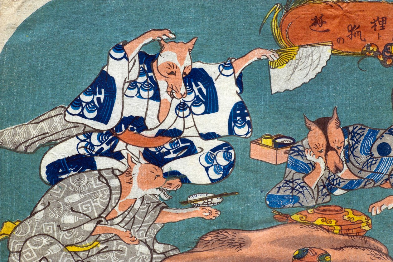 Perro mapache y zorro jugando (Tanuki to kitsune no asobi), c.1842 de Utagawa Kuniyoshi