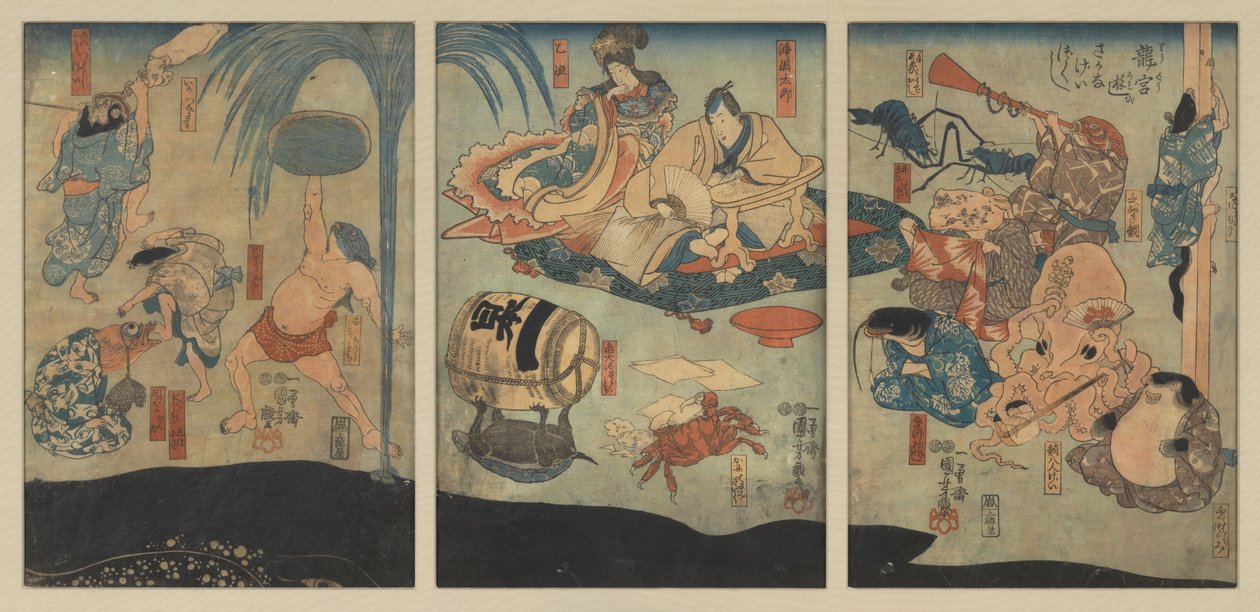 Criaturas marinas entretienen a Urashima Tarō y Oto Hime en el Palacio del Dragón de Utagawa Kuniyoshi