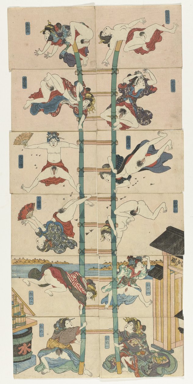 Serie de doce koban Shunga con prostitutas en el papel de bomberos acrobáticos de Utagawa Kuniyoshi