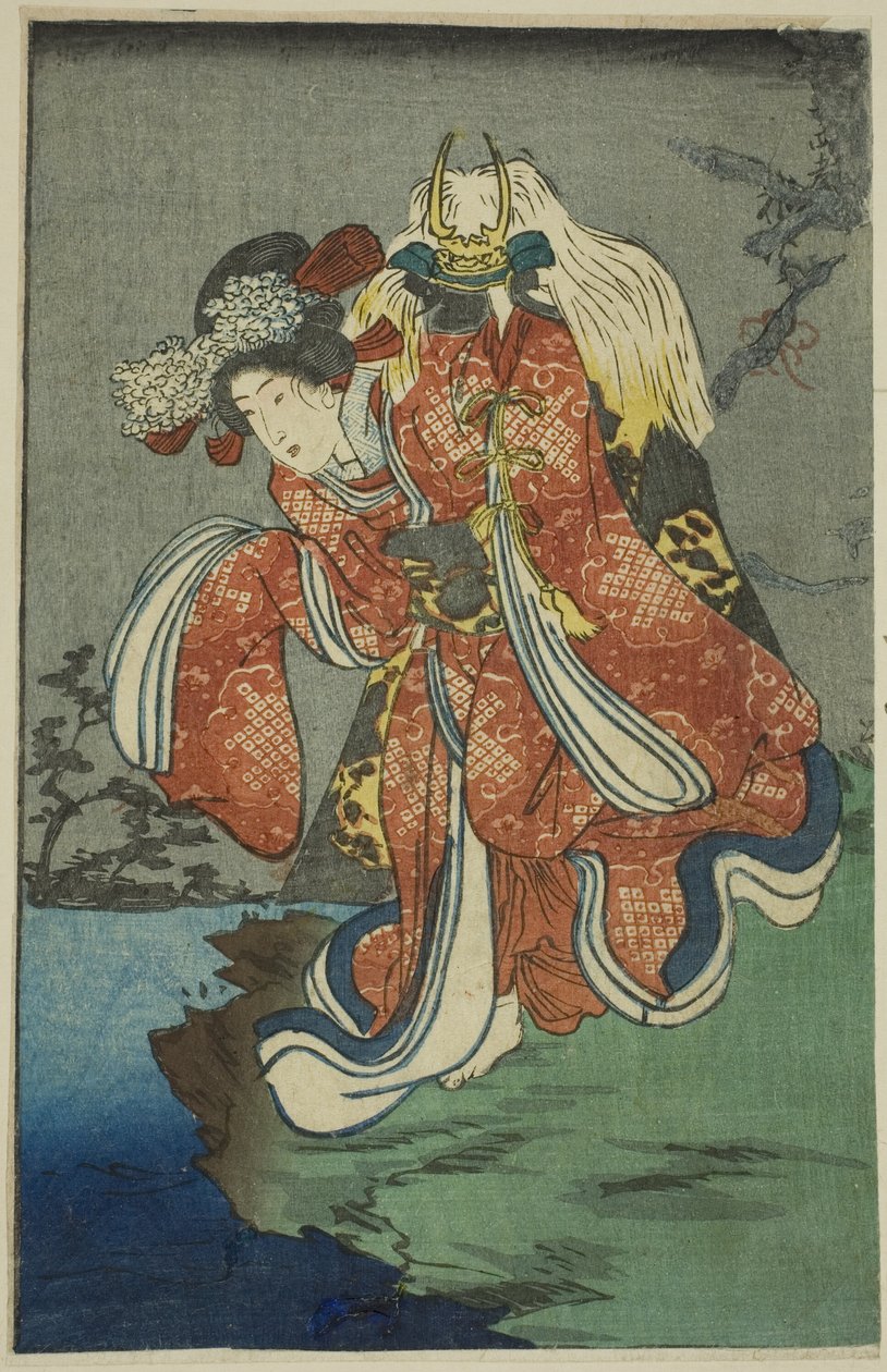 Shizuka Gozen, sección de una hoja de la serie "Un espejo Harimaze de obras de Joruri (Harimaze joruri kagami)" de Utagawa Kuniyoshi