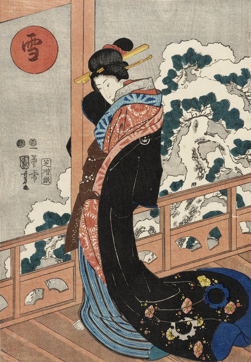 Nieve: belleza en una terraza de Utagawa Kuniyoshi
