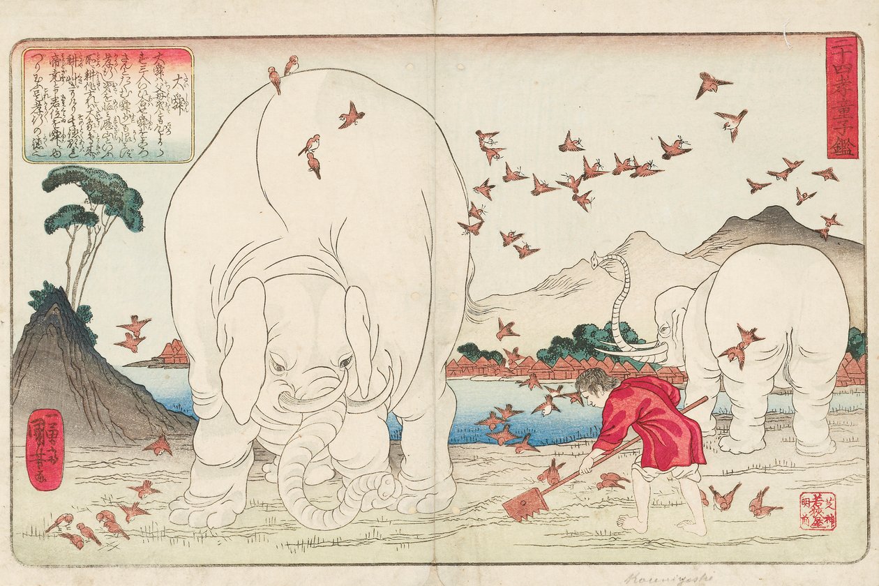 Taishun cavando un campo con la ayuda de elefantes y un grupo de gorriones, firmado Ichiyusai Kuniyoshi ga, c.1843 de Utagawa Kuniyoshi