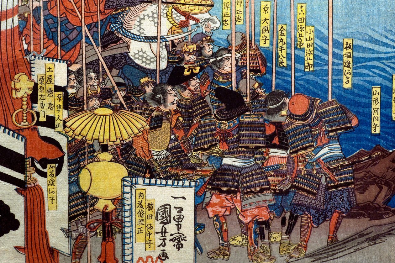 Takeda Shingen aplasta las fuerzas de Suwa Yorishige (Takeda Shingen Suwa Yorishige no jinchū o uchi-kuzusu zu), c.1850-51 de Utagawa Kuniyoshi