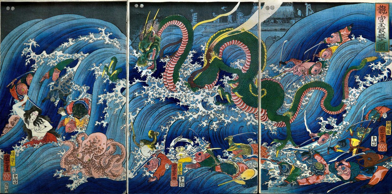 Tamatori-hime robando la joya sagrada del Palacio del Dragón de Utagawa Kuniyoshi