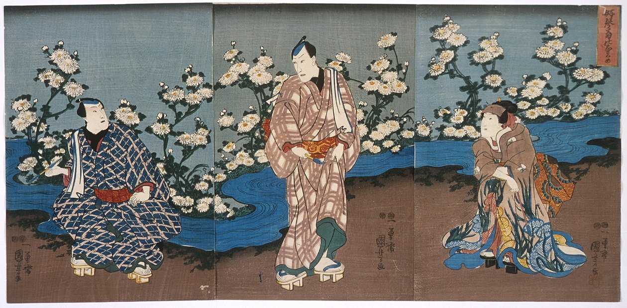 El actor Onoe Kikugorō III contemplando crisantemos y un arroyo de Utagawa Kuniyoshi