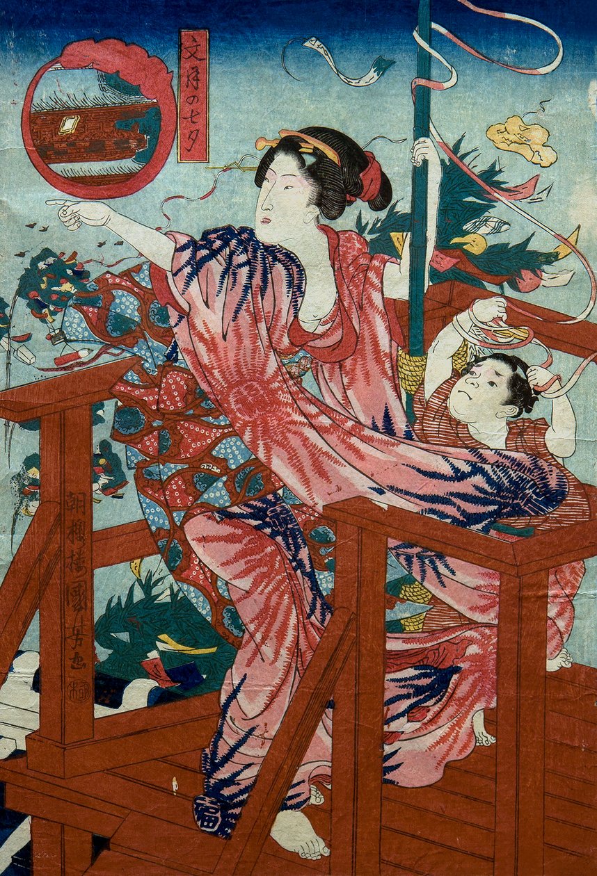 El Festival de la Estrella del Séptimo Mes (Fumizuki no tanabata) Serie sin título de mujeres con niños en los doce meses, c.1836 de Utagawa Kuniyoshi