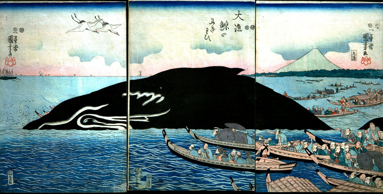 Multitud de personas alrededor de una ballena capturada de Utagawa Kuniyoshi