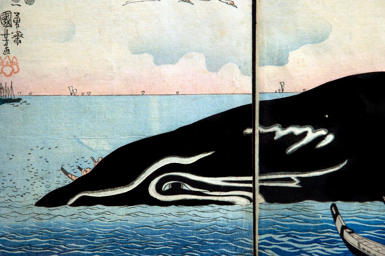 Multitud de personas alrededor de una ballena capturada de Utagawa Kuniyoshi