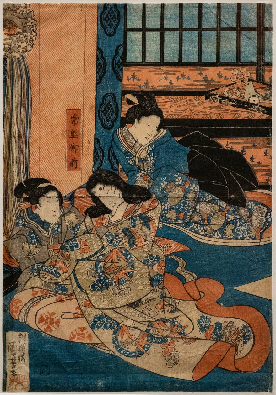 Tokiwa Gozen, amante de Minamoto no Yoshitsune, en una escena de Kabuki (xilografía sobre papel) de Utagawa Kuniyoshi