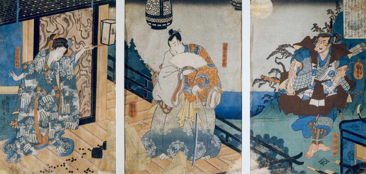 Tríptico con las Aventuras de Coxinga / Watonai por Hachiman Taro Yoshiie de Utagawa Kuniyoshi