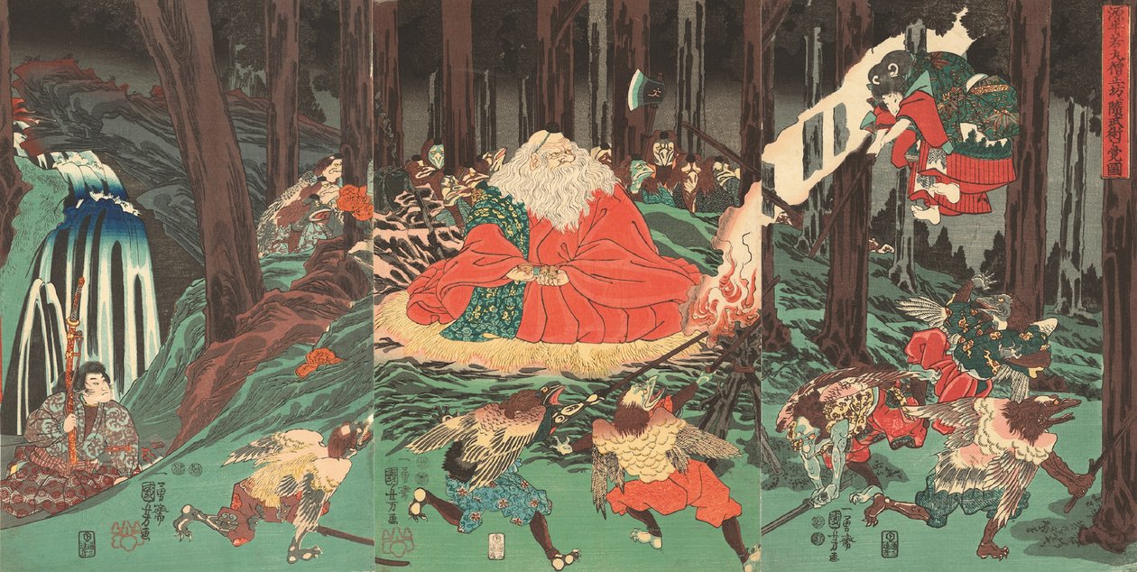 Ushiwakamaru aprende el arte de la esgrima de los tengu vigilados por su maestro Sojobo (xilografía) de Utagawa Kuniyoshi