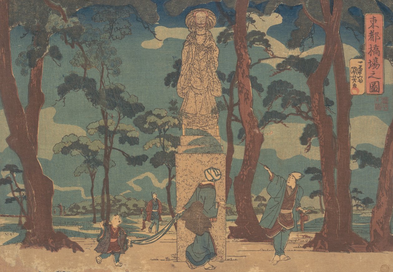 Caminantes mirando la estatua de Jizo Bosatsu en un pinar en Hashiba, ca. 1840 de Utagawa Kuniyoshi