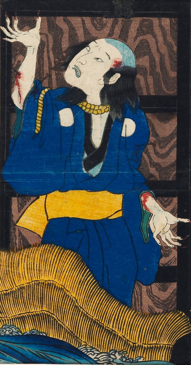 Grabado en madera - escena de la obra Yotsu-ya kaidan La historia de Oiwa y Tamiya Iemon de Utagawa Kuniyoshi