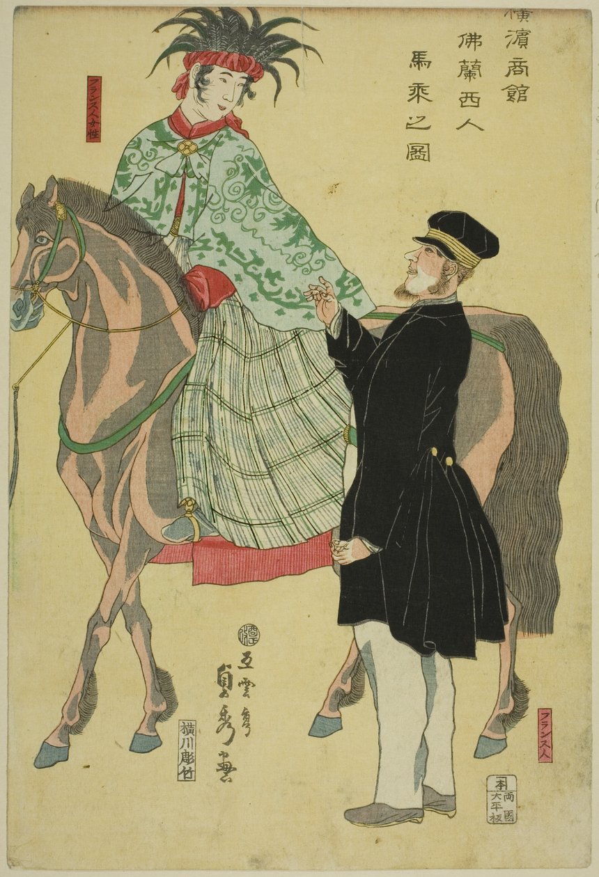 Comerciantes de Yokohama: Mujer francesa a caballo de Utagawa Sadahide
