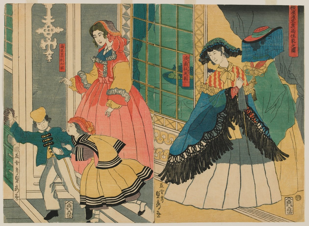 Imagen de la residencia de un comerciante extranjero de ultramar: Portugal y América del Sur, período Edo, 1861 de Utagawa Sadahide