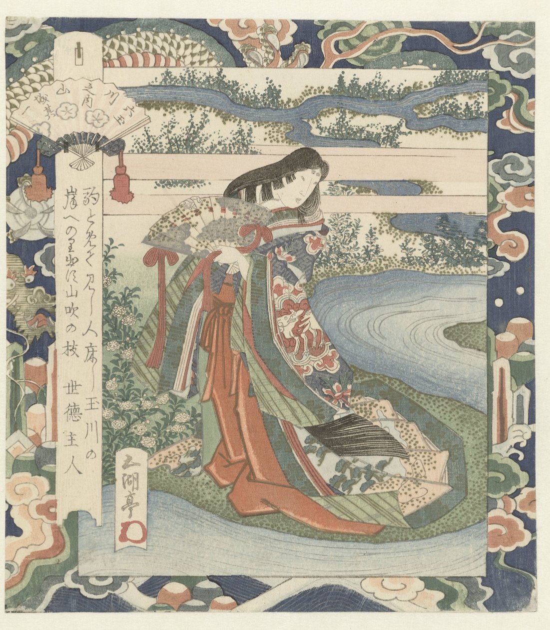 Dama de espera en la orilla del río El río Ide en Yamashiro, número uno Yamashiro - sono ichi (título sobre objeto) The Six Jewel Rivers (título de la serie) Mutamagawa no uchi (título de la serie sobre el objeto) de Utagawa Sadakage