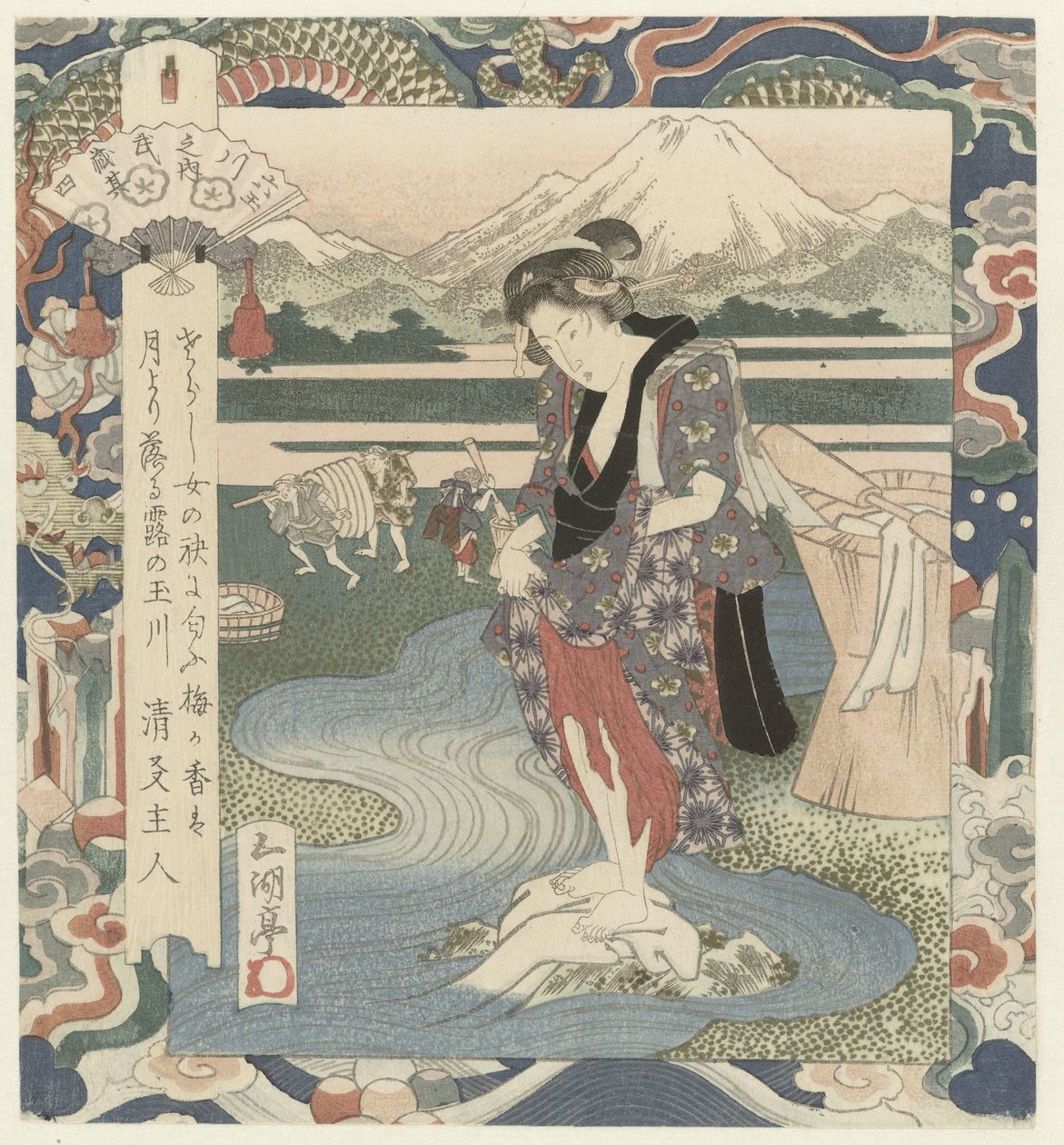 Mujer lava ropa en el río El río Chôbû en Musashi, número cuatro Musashi - sono yon (título sobre objeto) The Six Jewel Rivers (título de la serie) Mutamagawa no uchi (título de la serie sobre el objeto) de Utagawa Sadakage