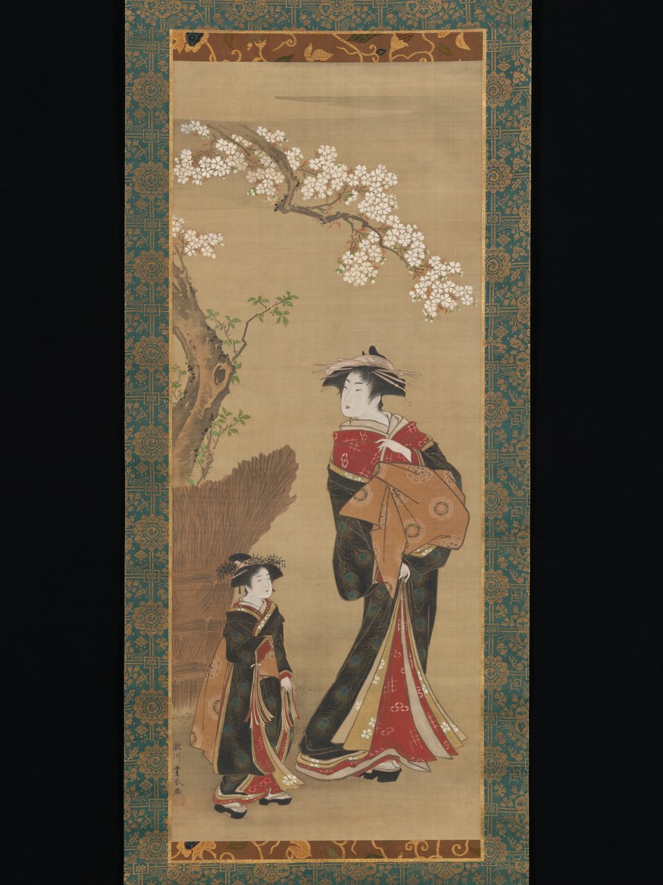Cortesana y su acompañante bajo un cerezo de Utagawa Toyoharu