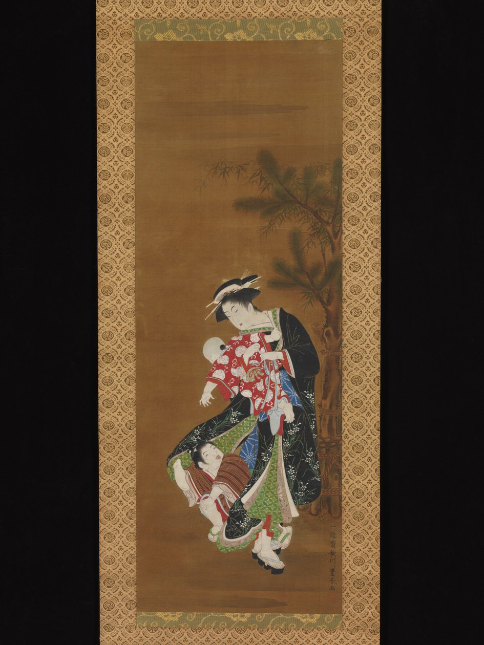 Mutter und Kinder zu Neujahr de Utagawa Toyoharu