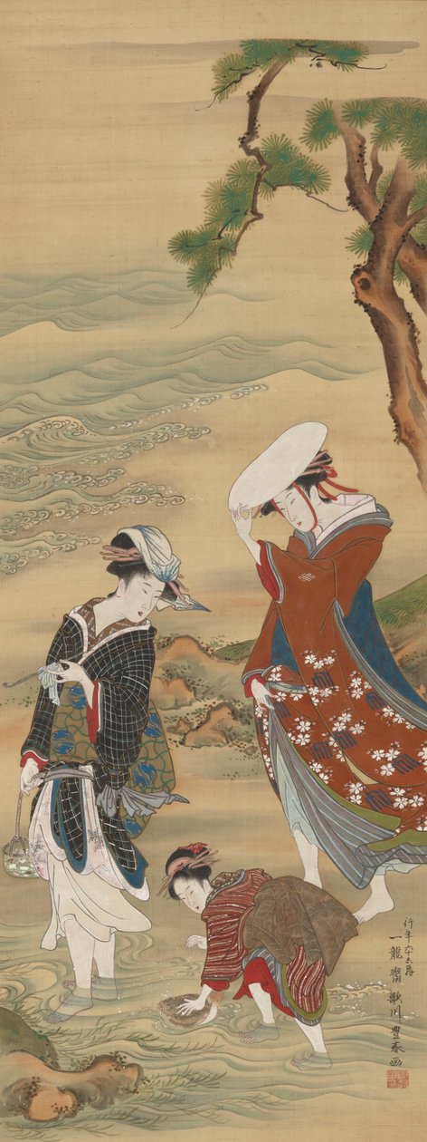 Dos mujeres y una niña en la orilla del mar de Utagawa Toyoharu