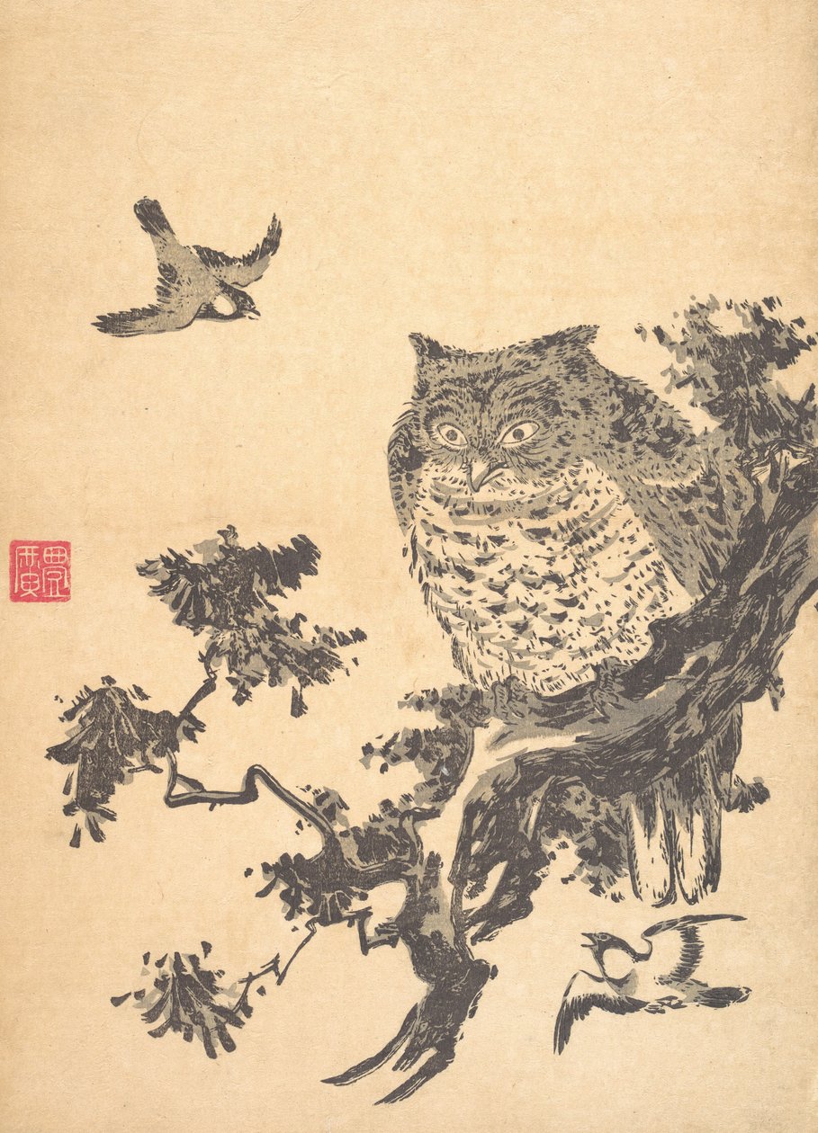 Búho y dos golondrinas de Utagawa Toyohiro