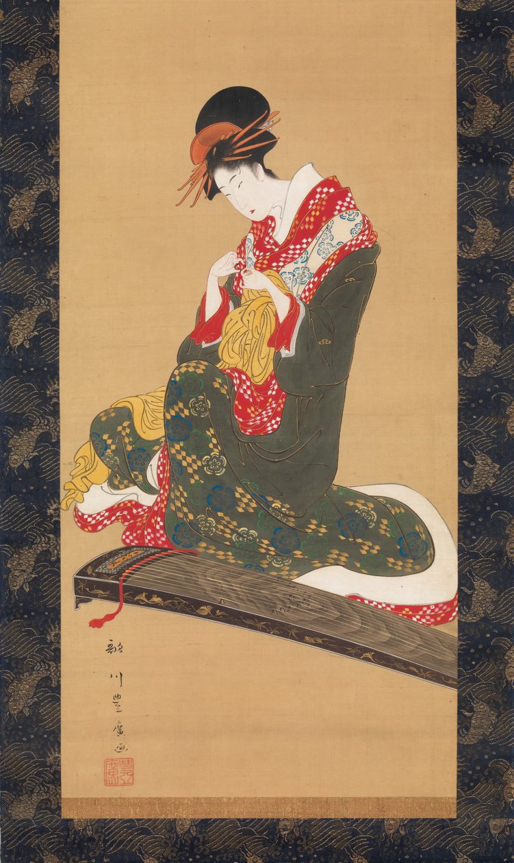 Mujer poniéndose plectros en los dedos para tocar el koto, principios del siglo XIX de Utagawa Toyohiro