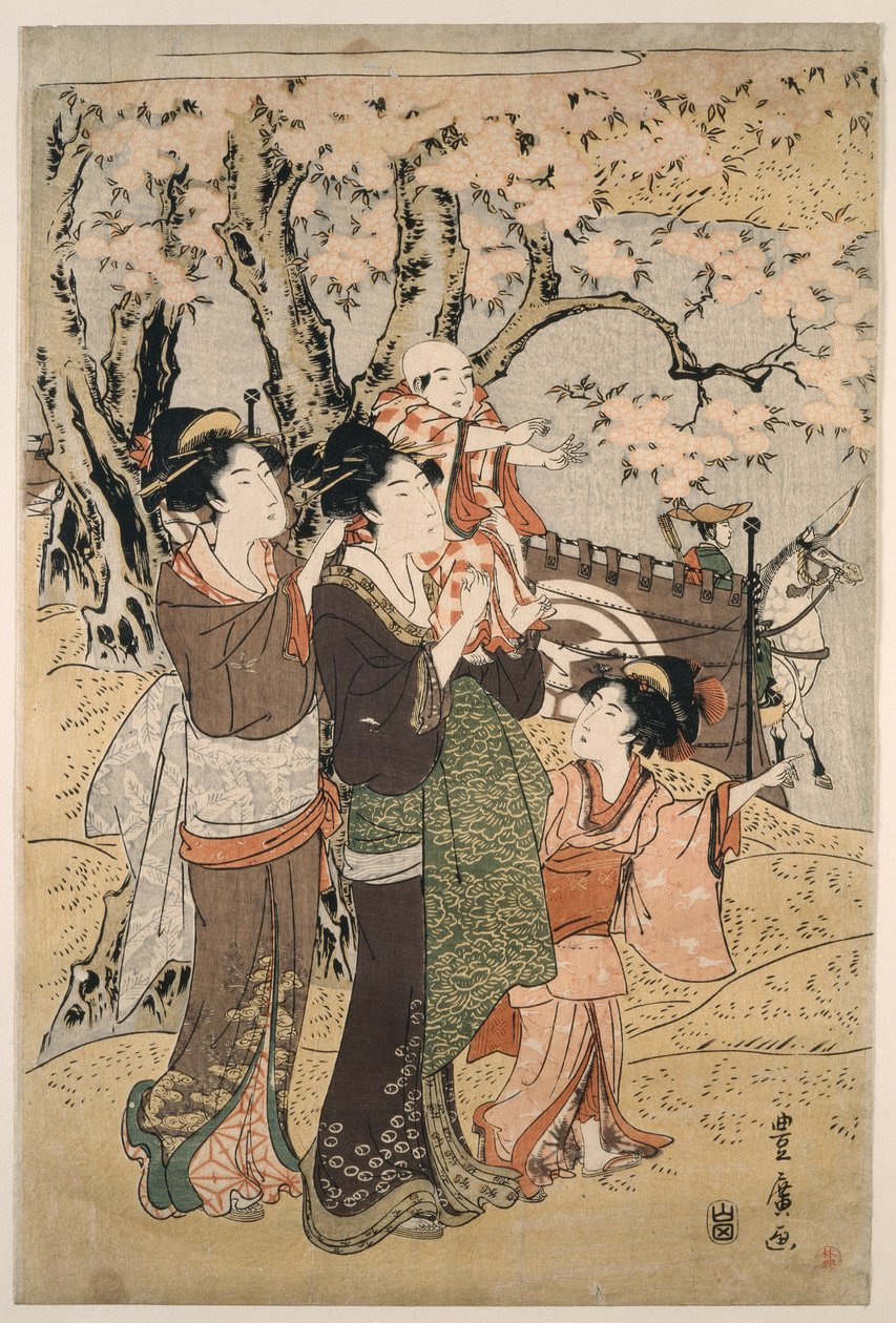 Mujeres y niños viendo el tiro con arco en marzo de Utagawa Toyohiro