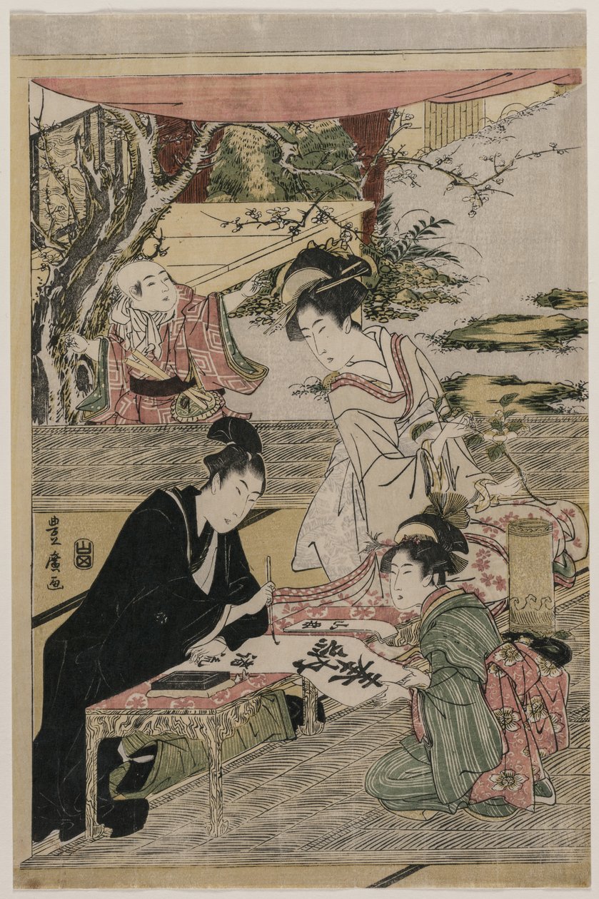 Joven escribiendo en una mesa de Utagawa Toyohiro