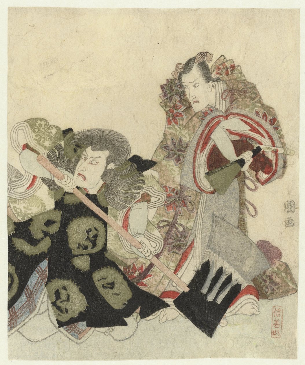 Ichikawa Danjûrô VII como Yoshimune no Munesada con abanico e Ichikawa Omezô en el papel de Sekibei con hacha de Utagawa Toyokuni (I)