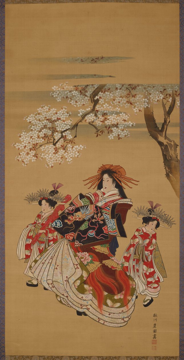 Cortesana con dos kamuro bajo cerezos en flor de Utagawa Toyokuni