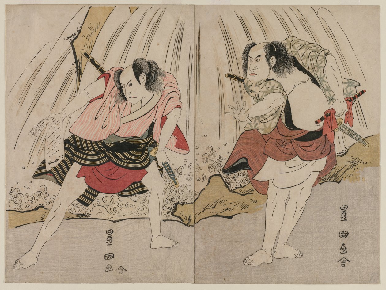 Kataoka Nizaemon VII e Ichikawa Yaozo III en un enfrentamiento junto a una cascada de Utagawa Toyokuni