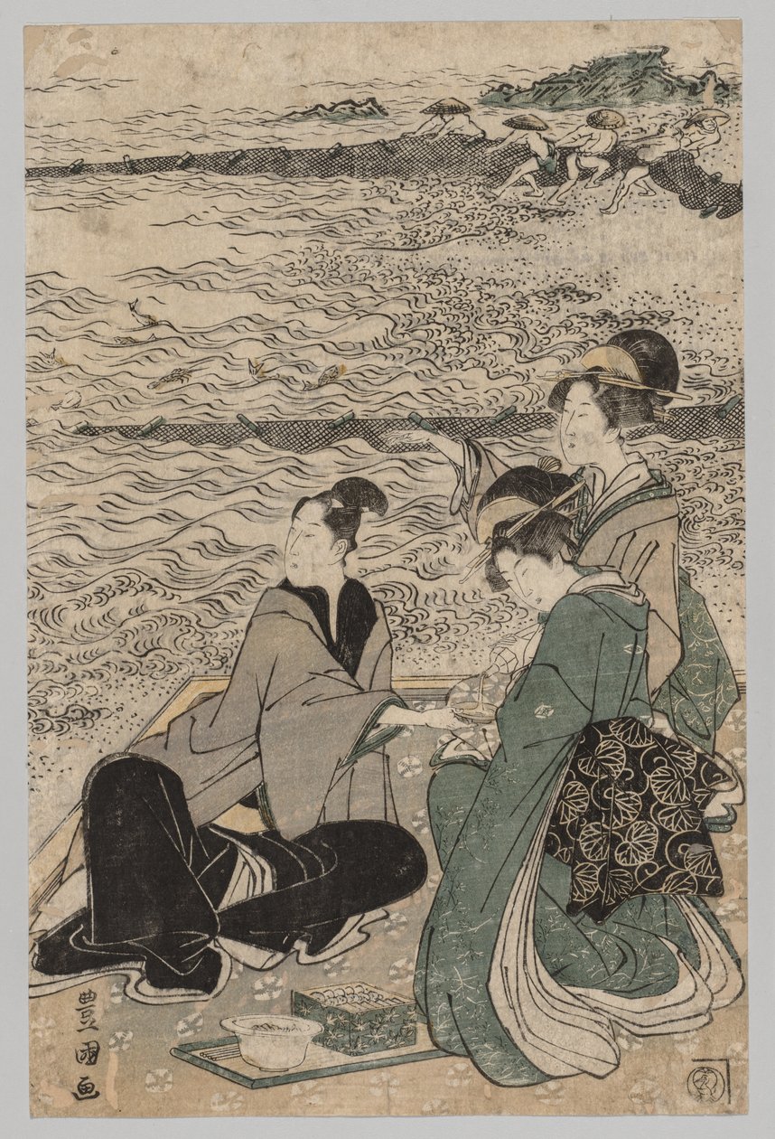 Hombre y dos mujeres en la orilla del mar de Utagawa Toyokuni