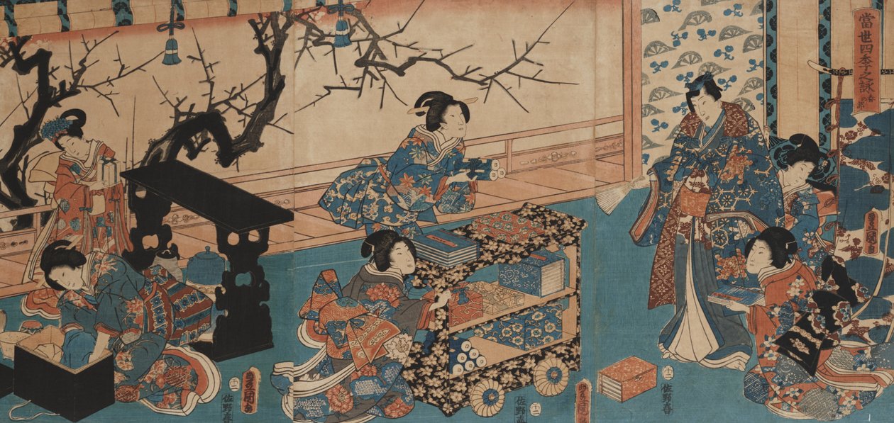 Preparativos para la lectura de poesía de primavera de Utagawa Toyokuni