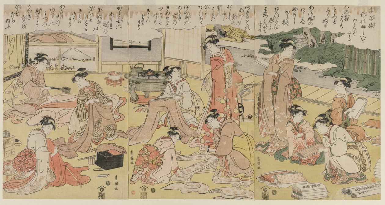 Mujeres haciendo ropa de Utagawa Toyokuni
