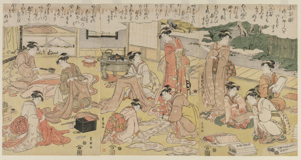 Mujeres haciendo ropa, principios de 1790 de Utagawa Toyokuni
